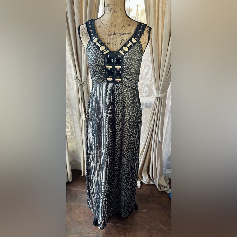 Cato Embellished Animal Print Maxi Dress Size Large Boho Glam